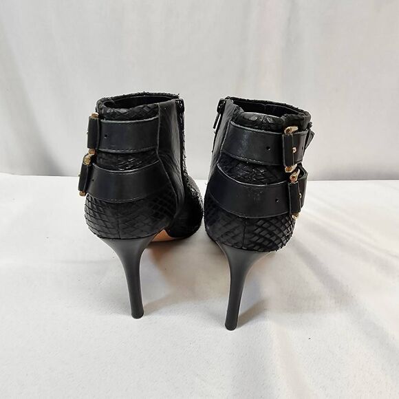 Ann Taylor Black Leather Ankle Boots 8.5M Snakeskin Embossed Buckle Heels - Picture 2 of 8